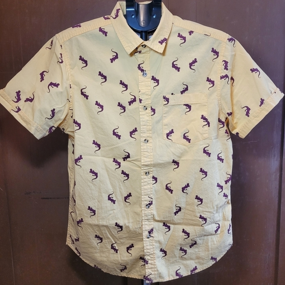 Men's Sz M Iron Co Yellow Lizard Gecko Button-Up Shirt~ Tropical Golf Casual Fun
